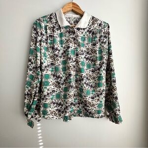 Vintage Abstract Print Women Collared Blouse